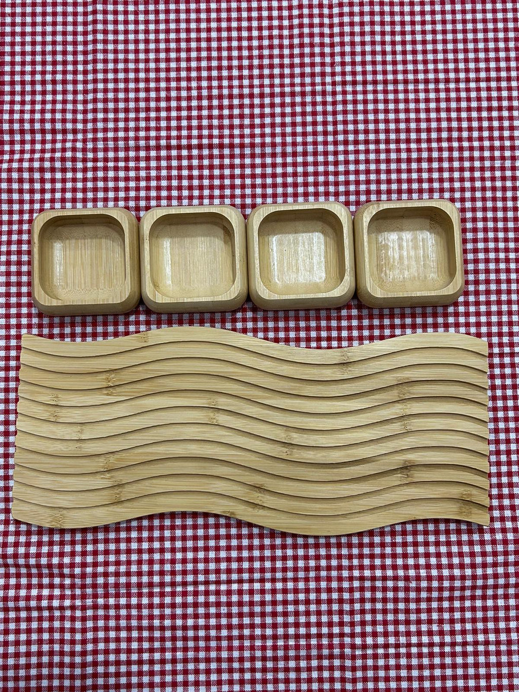 Premium Bamboo Serving Set - Asymmetric Grooved Platter & 4-Compartment Snack Tray