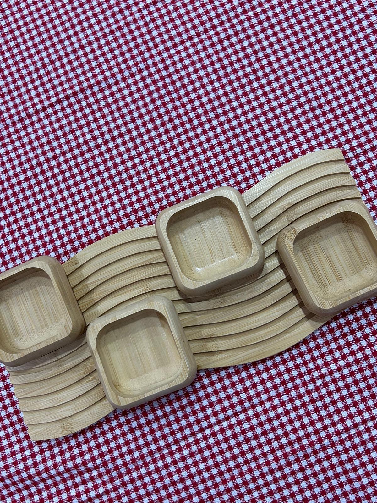 Premium Bamboo Serving Set - Asymmetric Grooved Platter & 4-Compartment Snack Tray