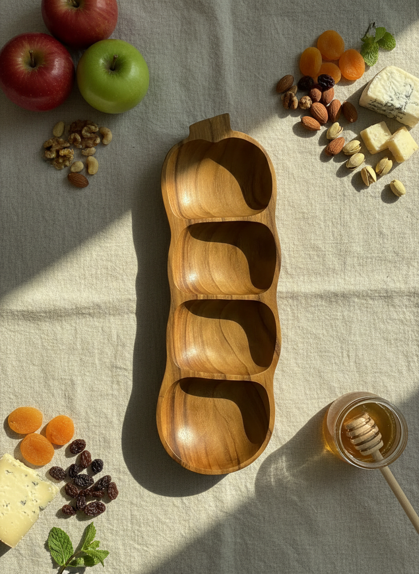 4-Compartment Wooden Serving Tray - Apple Shape Design