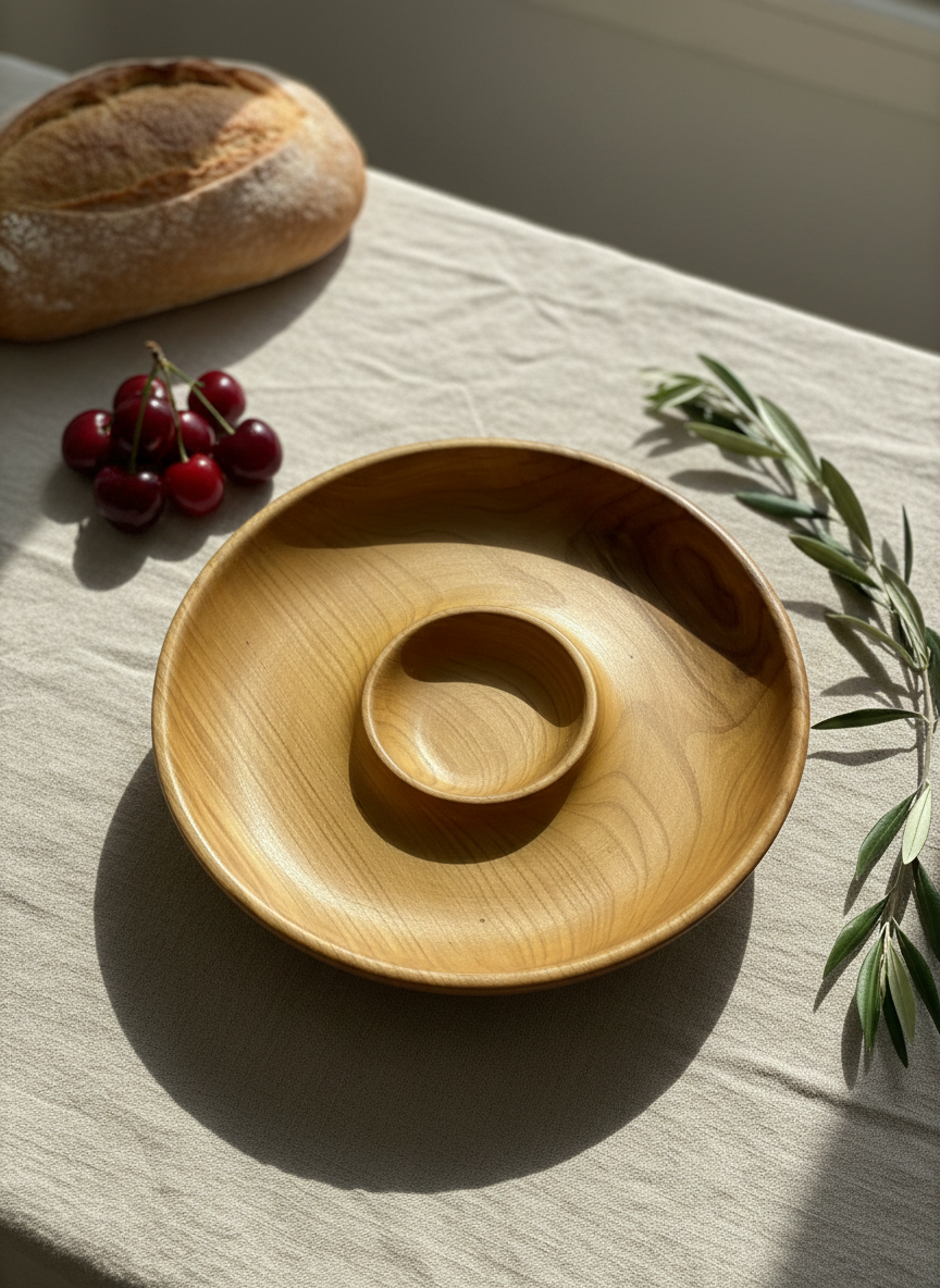 Handcrafted Cherry Wood Bowl with Dip Compartment