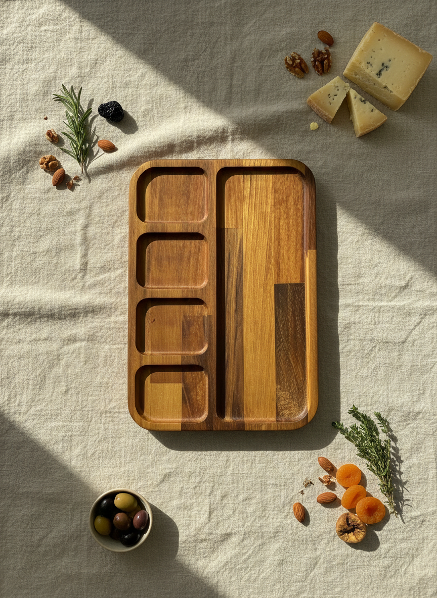 Multi-Compartment Wooden Serving Tray - Cheese & Charcuterie Board